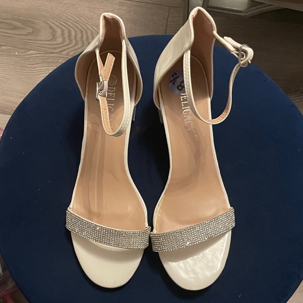 Delicacy Cream Rhinestone Ankle-Strap Heels - Size 8.5